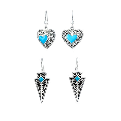 Set of 2 Boho Blue Turquoise Gemstone Arrowhead & Heart Earrings Sterling Silver
