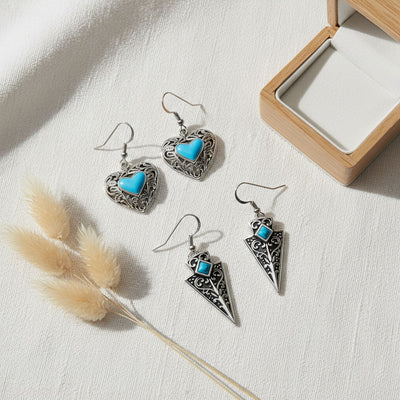 Set of 2 Boho Blue Turquoise Gemstone Arrowhead & Heart Earrings Sterling Silver