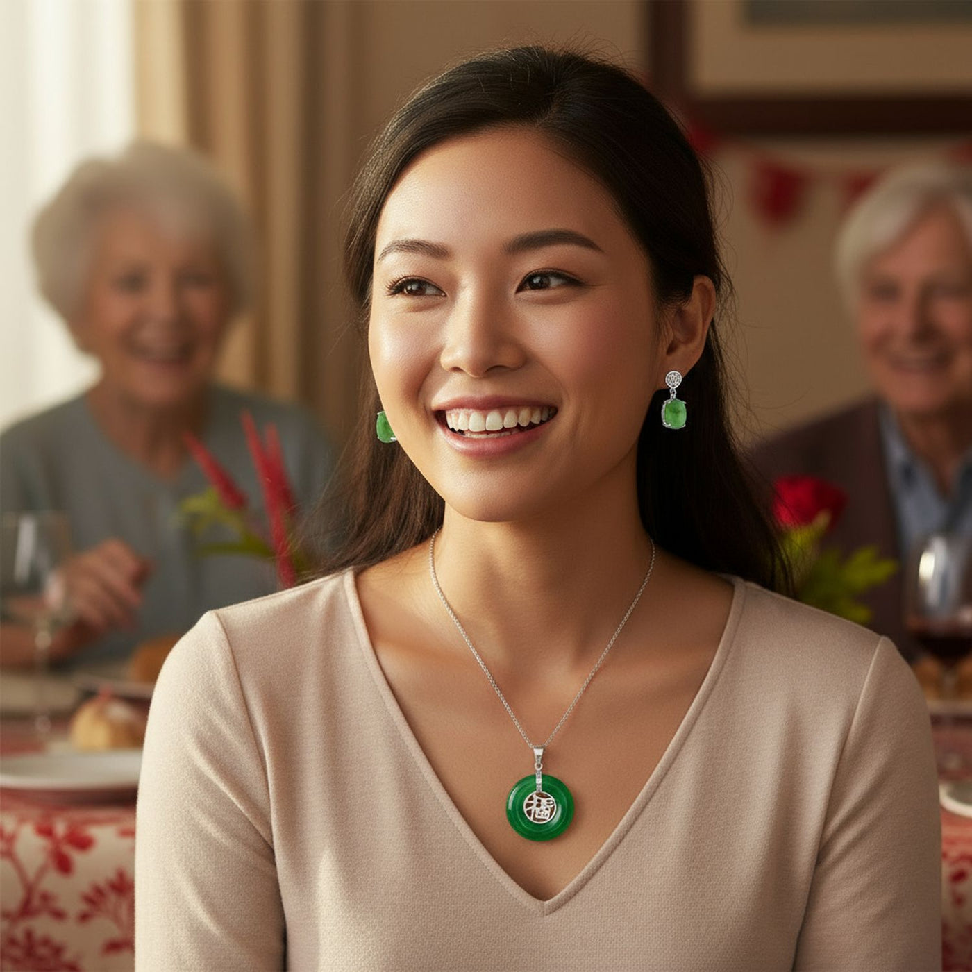 Asian Style Fu Character Green Jade Necklace & Earrings Set Sterling Silver