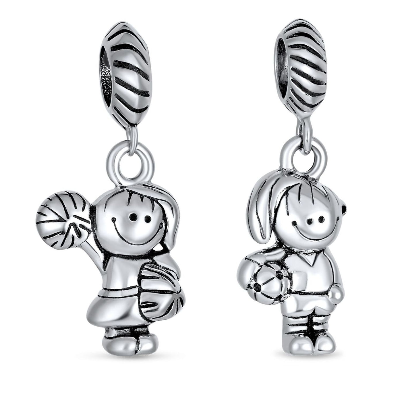 Set of 2 Cheerleader & Soccer Player Dangle Charm Bead Sterling Silver