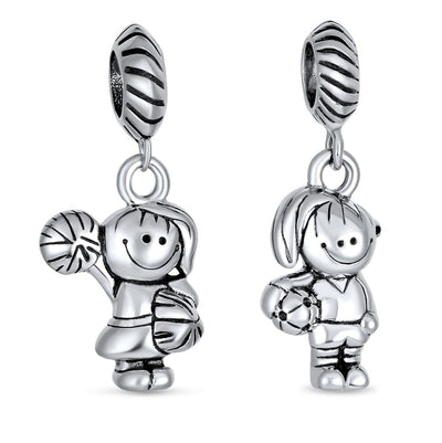 Set of 2 Cheerleader & Soccer Player Dangle Charm Bead Sterling Silver