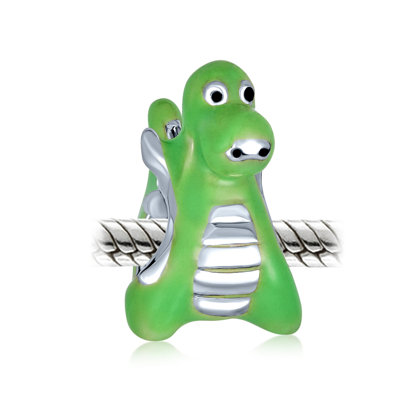 Friendly Green Cartoon Dinosaur Dragon Bead Charm Sterling Silver