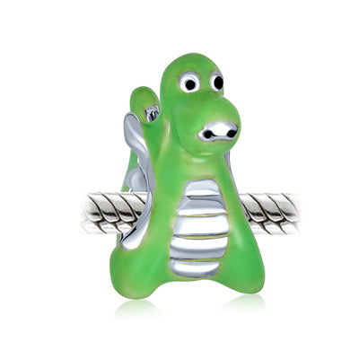 Friendly Green Cartoon Dinosaur Dragon Bead Charm Sterling Silver