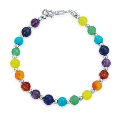 Multicolor Colorful Gemstone Chakra Beads Bracelet .925 Sterling Silver