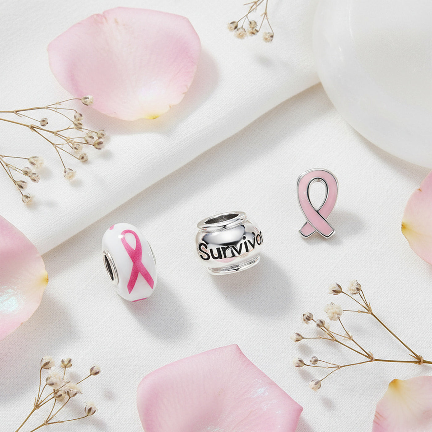 Breast Cancer Survivor Pink Ribbon Charm Bead Set