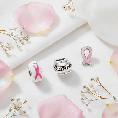 Breast Cancer Survivor Pink Ribbon Charm Bead Set