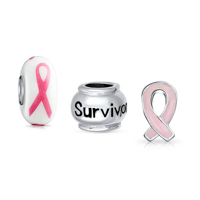 Breast Cancer Survivor Pink Ribbon Charm Bead Set