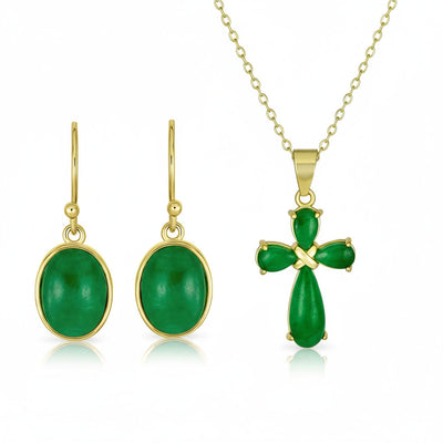Green Jade Necklace & Drop Earrings Jewelry Set Gold Plated Sterling Silver