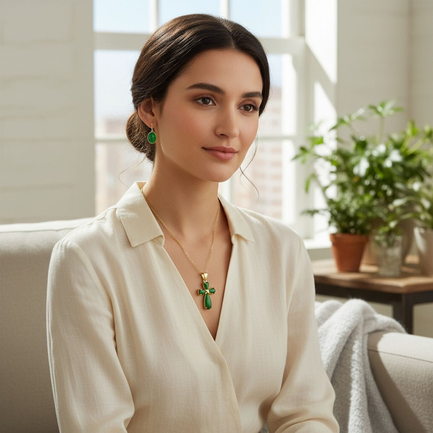 Green Jade Necklace & Drop Earrings Jewelry Set Gold Plated Sterling Silver