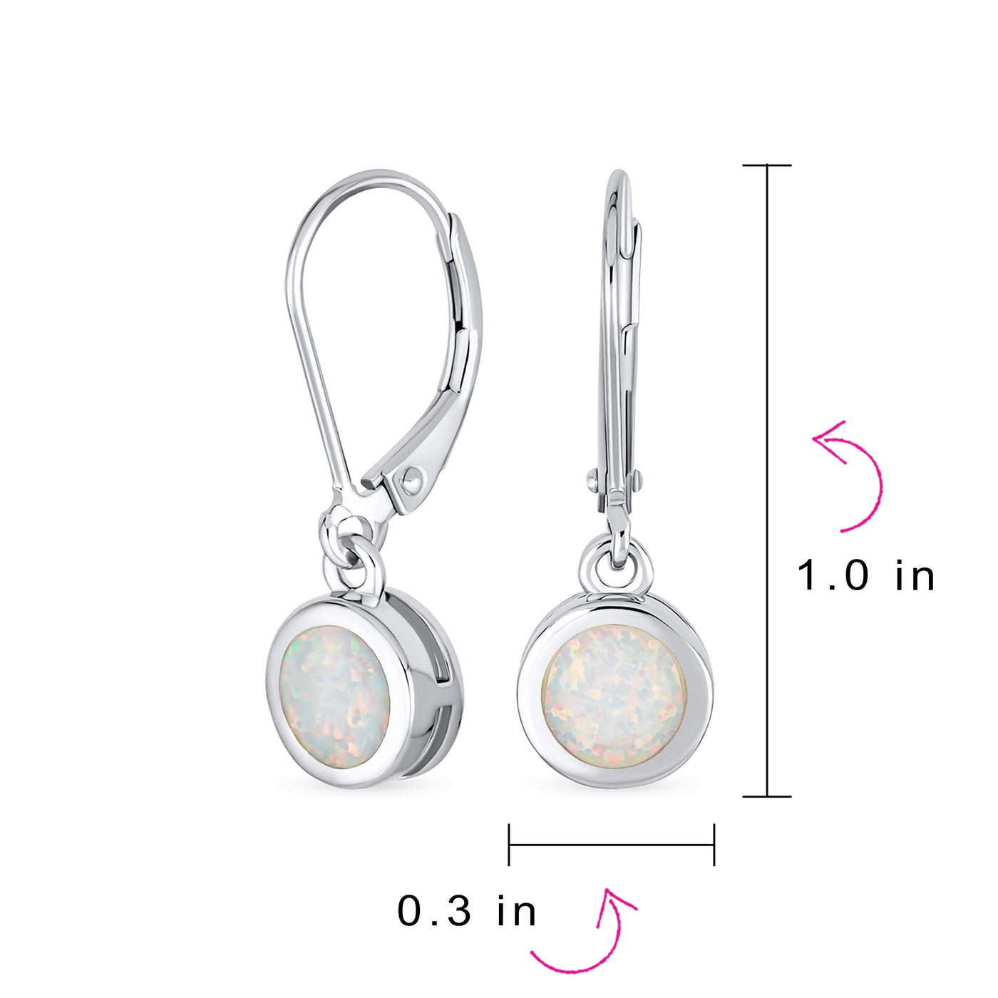 Small White Opal Round Circle Dangle Lever back Earrings .925 Silver