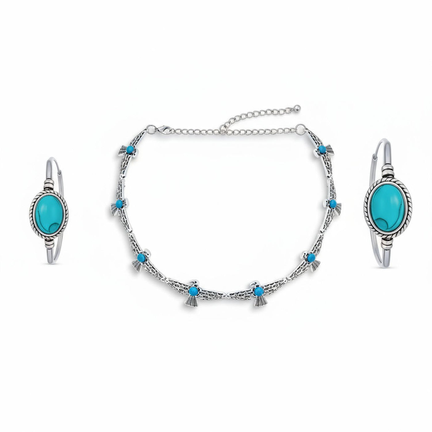 South Western Boho Turquoise Gemstone Eagle Choker & Hoop Earrings Jewelry Set