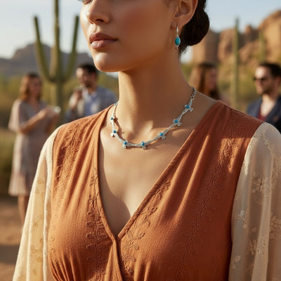 South Western Boho Turquoise Gemstone Eagle Choker & Hoop Earrings Jewelry Set