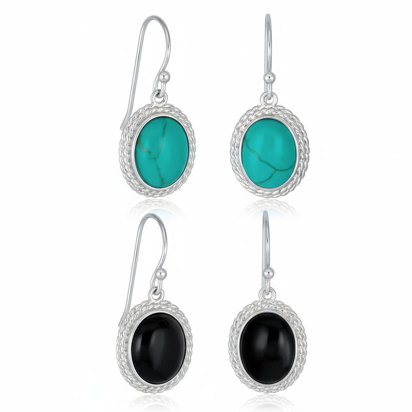 Set of 2 Western Cable Edge Oval Turquoise & Onyx Drop Earrings Sterling Silver