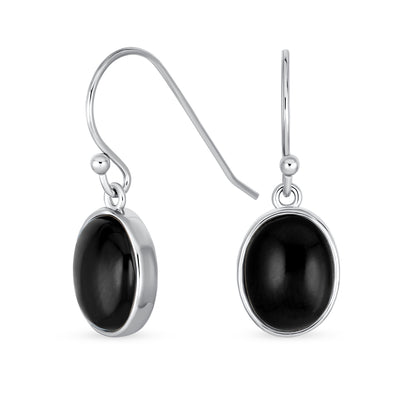 Black Onyx Tube Link Pendant Necklace & Oval Drop Earrings Jewelry Set Silver