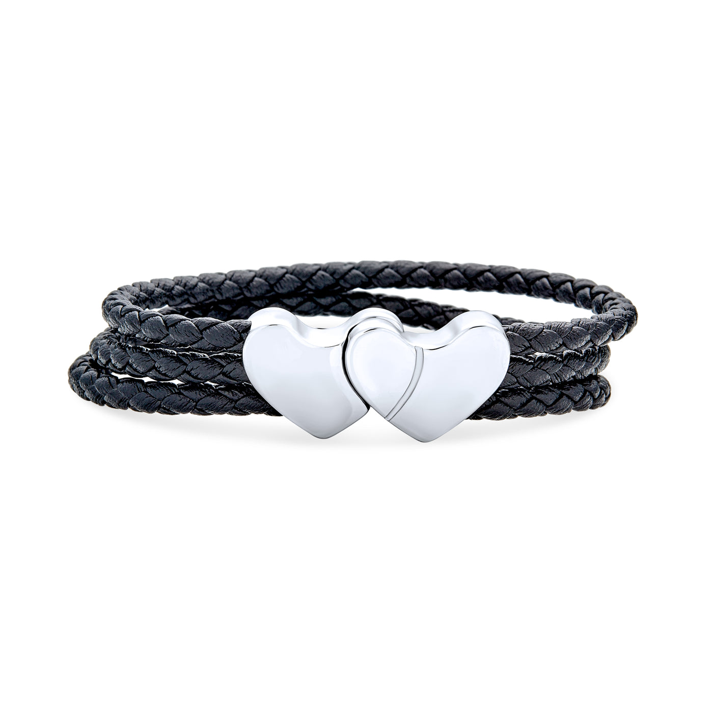 Interlocking Heart Black Strand Woven Leather Bracelet Stainless Steel