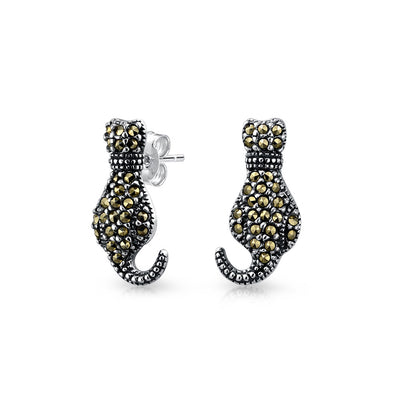 Black Animal Kitty Cat Stud Earrings Marcasite .925 Sterling Silver