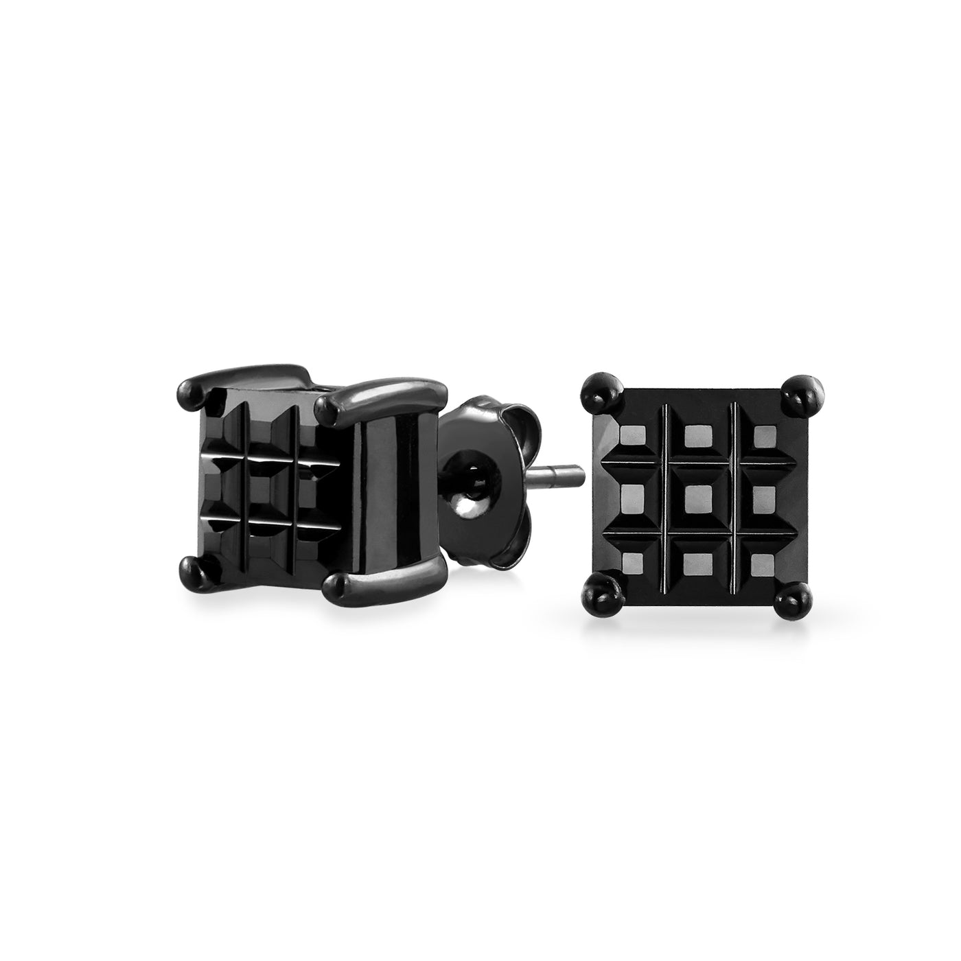 Square Black Invisible Cut CZ Stud Earrings Sterling Silver Multiple Sizes