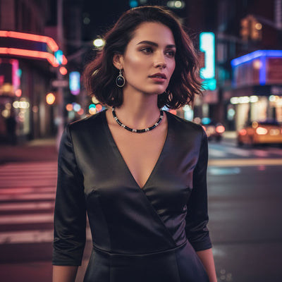 Black Onyx Tube Link Pendant Necklace & Oval Drop Earrings Jewelry Set Silver