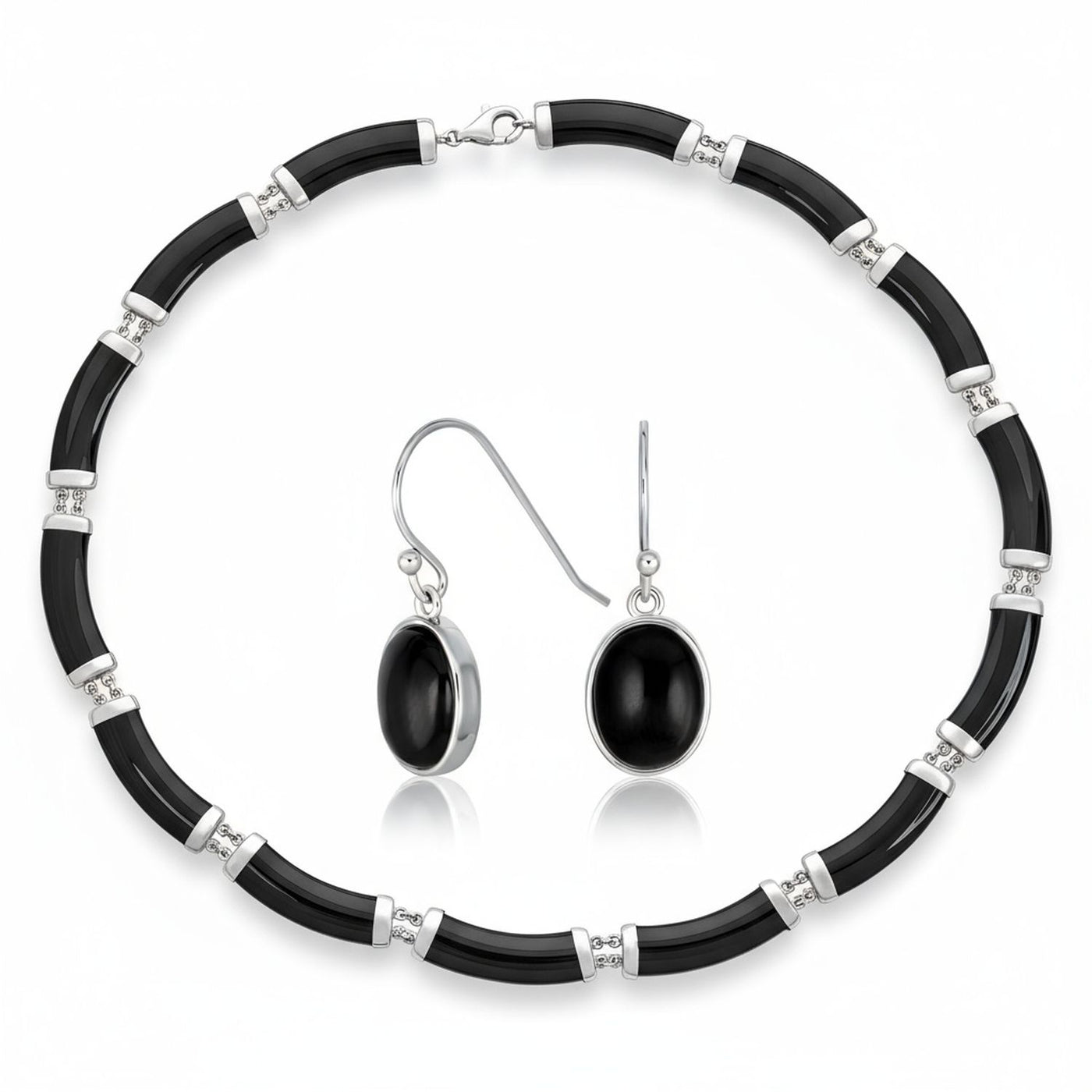 Black Onyx Tube Link Pendant Necklace & Oval Drop Earrings Jewelry Set Silver