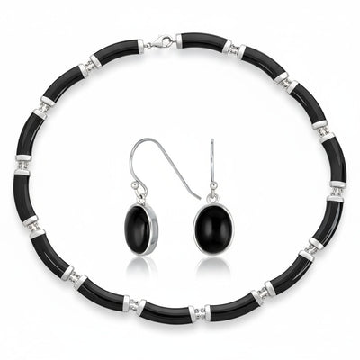 Black Onyx Tube Link Pendant Necklace & Oval Drop Earrings Jewelry Set Silver