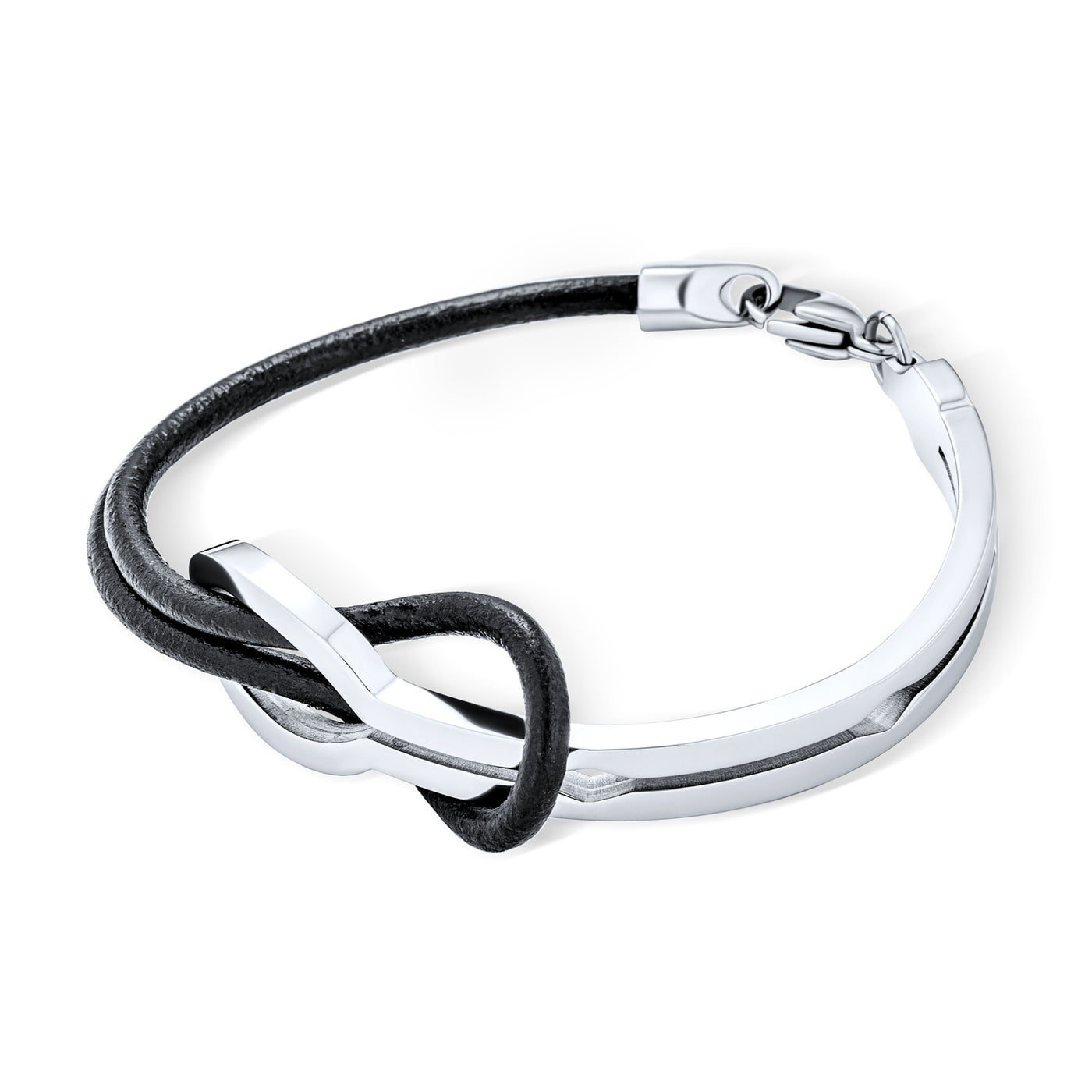 Infinity Knot Bangle Bracelet Two Tone Black Leather Stainless Steel