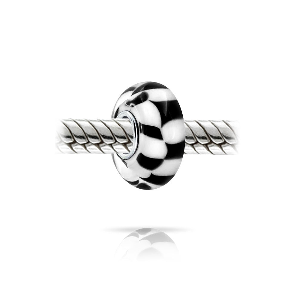 Black Checkerboard Murano Glass Bead Charm Spacer .925Sterling Silver