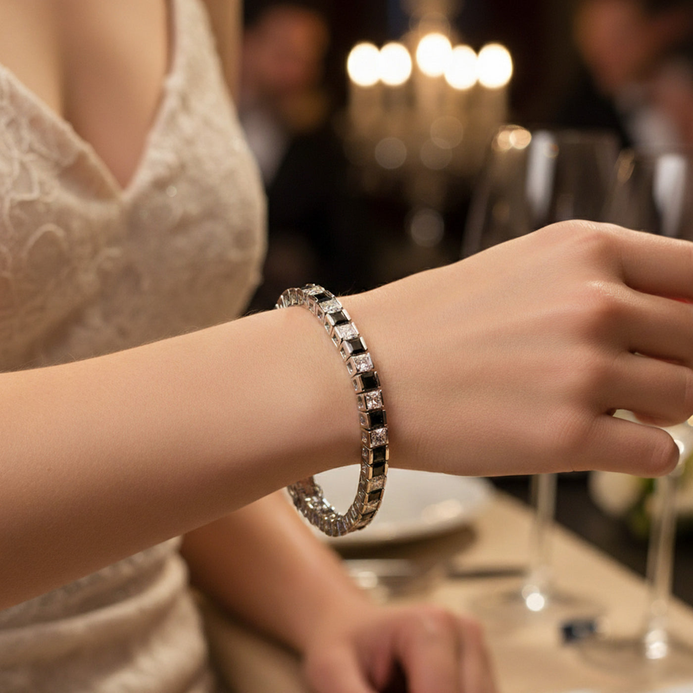 Black White Simulated Gemstone CZ Tennis Bracelet Silver