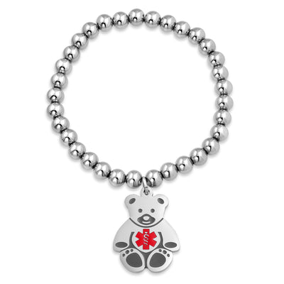 Set of 2 Medical ID Bracelet Teddy Bear & Heart Charm Silver Tone Beads