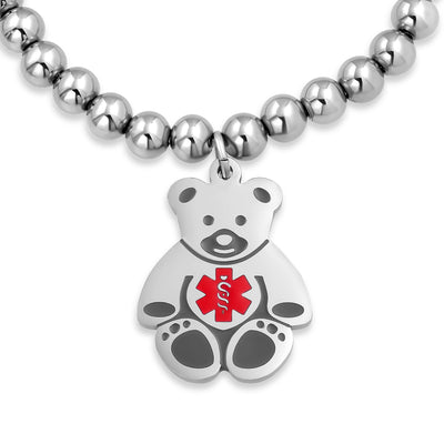 Set of 2 Medical ID Bracelet Teddy Bear & Heart Charm Silver Tone Beads
