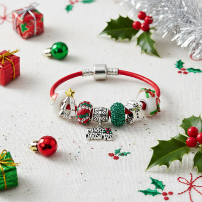 Merry Christmas Tree Charm Bracelet with Santa Gingerbread and Candy Cane Beads