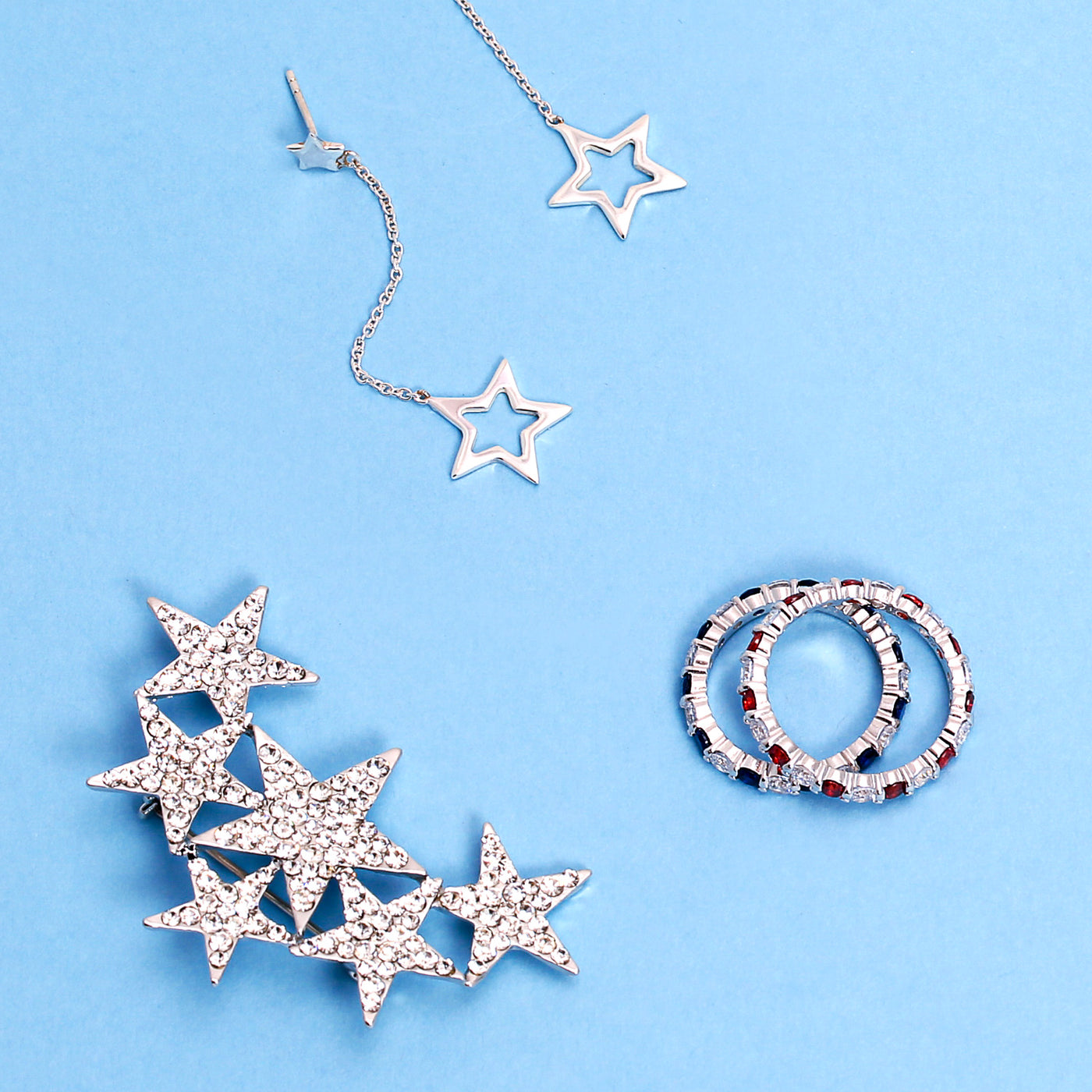 Set of 2 Large Celestial Rock Star Crystal Stars Brooch Pin Silver Gold Plated