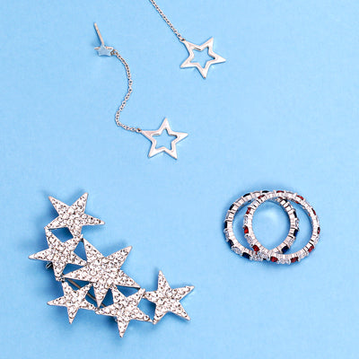 Set of 2 Large Celestial Rock Star Crystal Stars Brooch Pin Silver Gold Plated