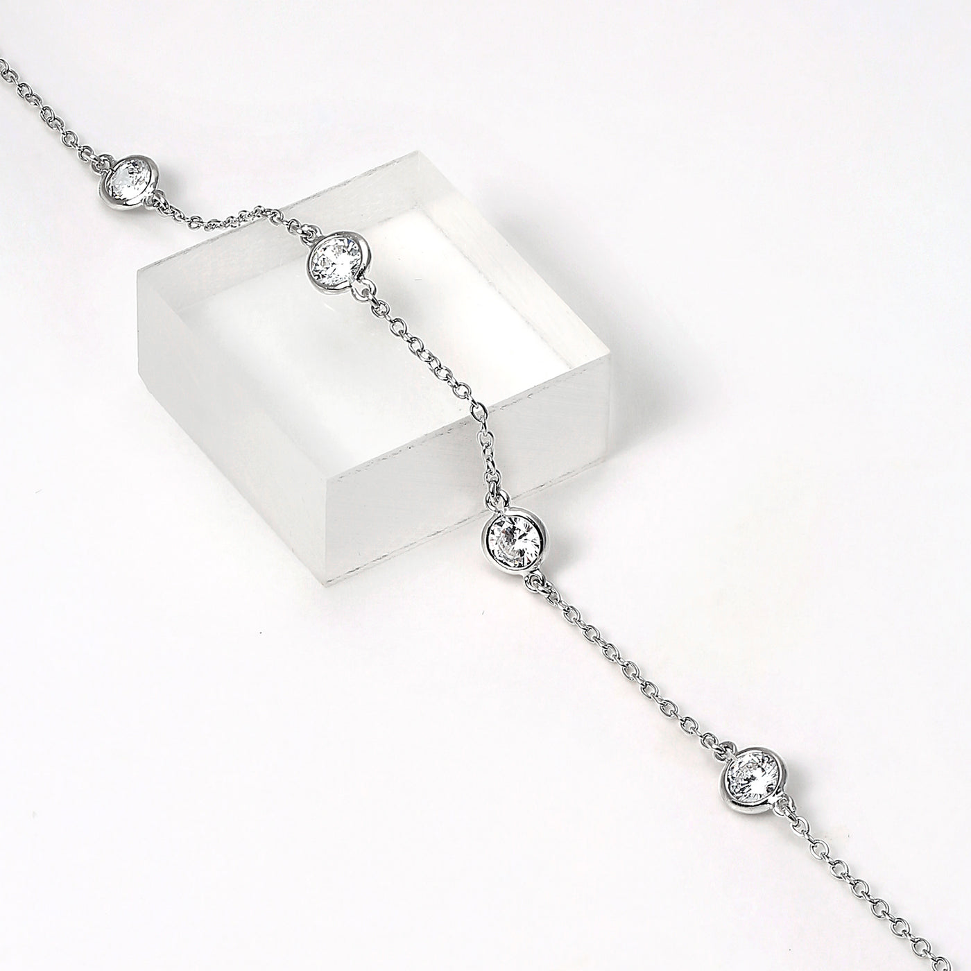 Cubic Zirconia By The Inch Bezel Set Chain Bracelet Sterling Silver