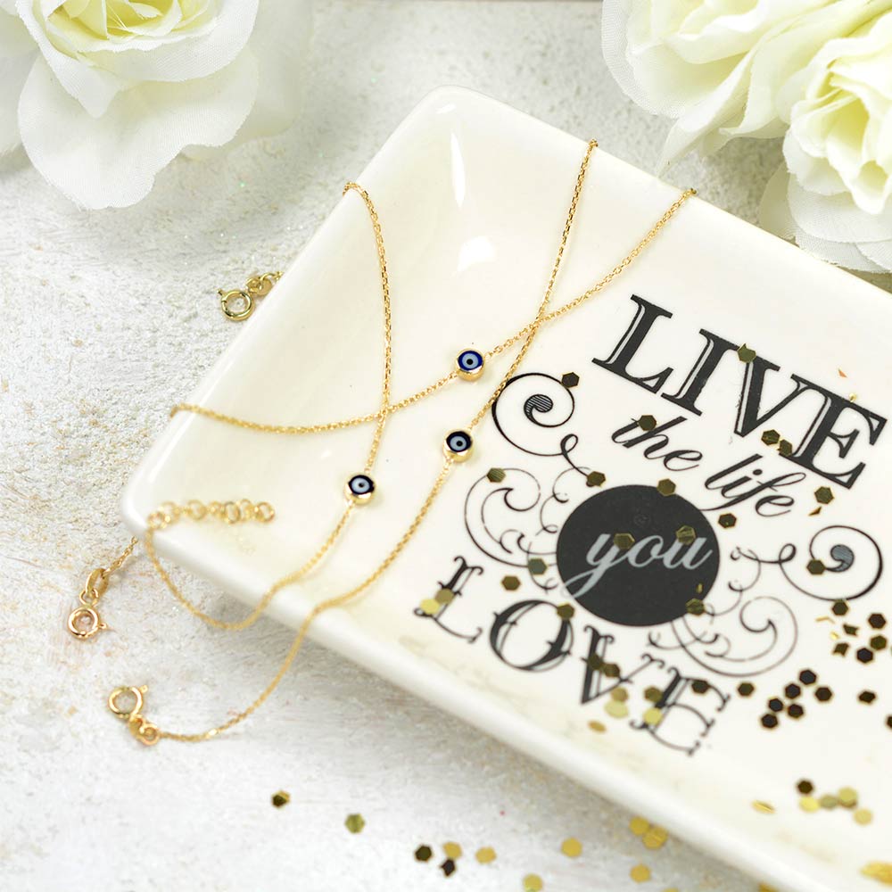 Real 14K Yellow Gold Amulet Blue Tiny Evil Eye Charm Bracelet Adjustable