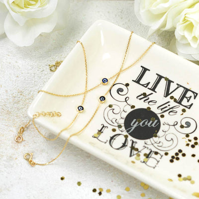 Real 14K Yellow Gold Amulet Blue Tiny Evil Eye Charm Bracelet Adjustable