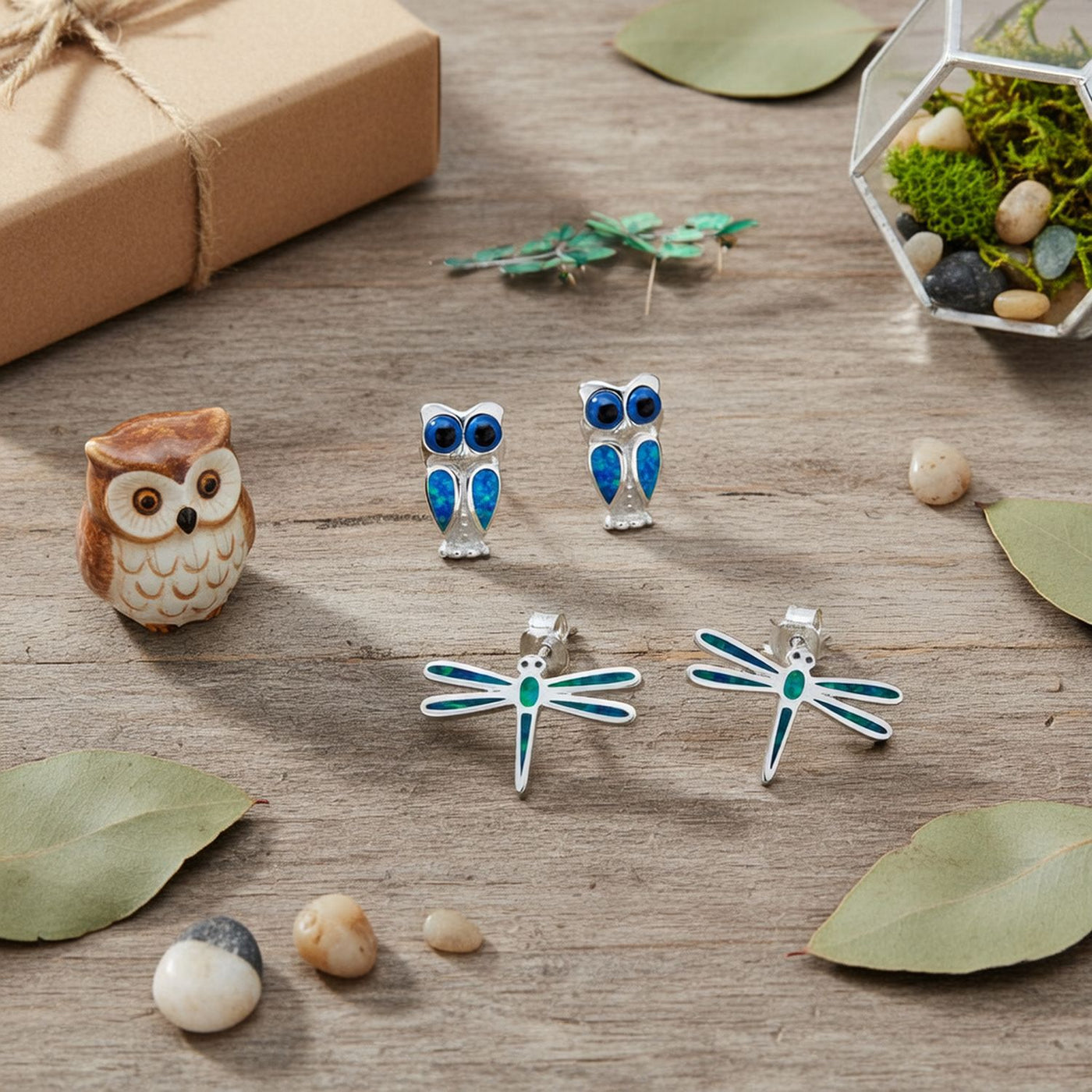 Set of 2 Created Blue Opal Dragonfly & Owl Stud Earrings Sterling Silver