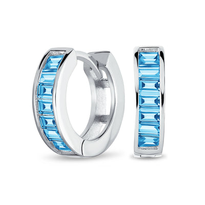 Set of 2 Baguette Cut Channel Set Blue & Pink CZ Hoop Earrings Sterling Silver
