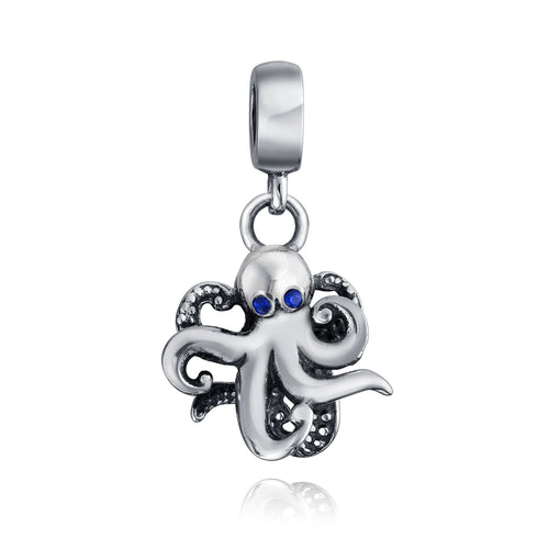 Queenberry Sterling Silver Cute Octopus Charm Bead - Fits 3mm European Bracelets, .925 Silver, Antique Finish