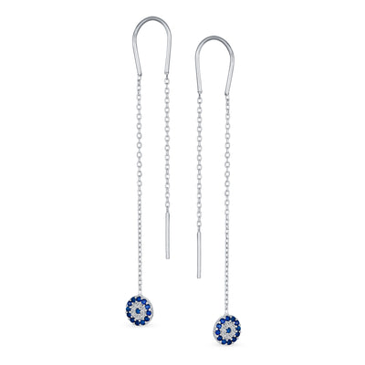 Blue Evil Eye CZ Spiritual Chain Threader Earrings Sterling Silver