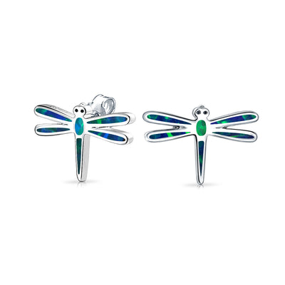 Set of 2 Created Blue Opal Dragonfly & Owl Stud Earrings Sterling Silver