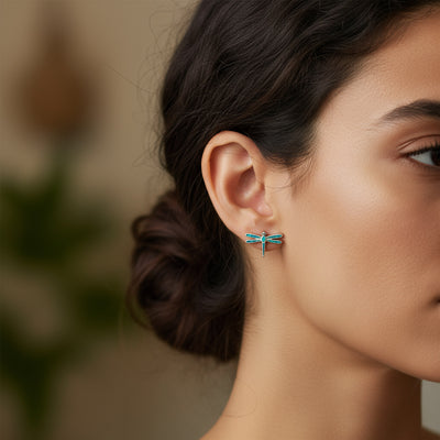 Blue Opal Dragonfly Firefly Stud Earrings in Sterling Silver