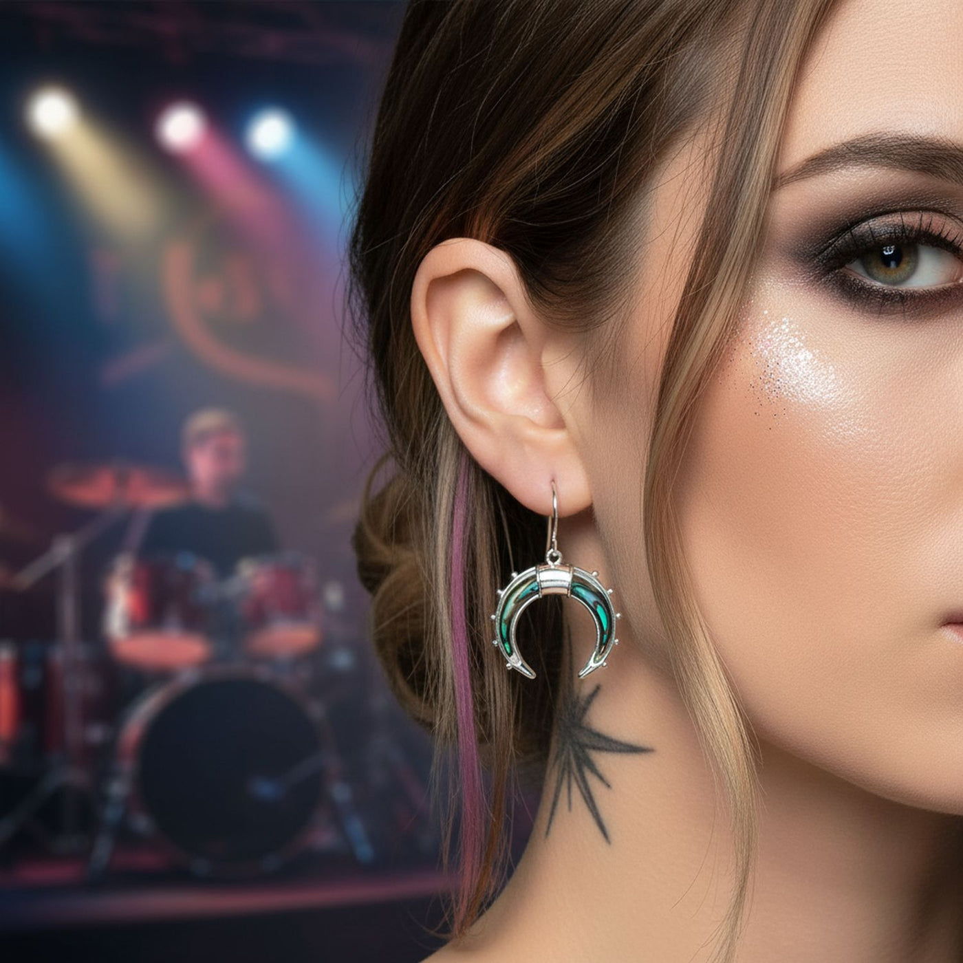 Celestial Half Crescent Moon Abalone Shell Dangle Earrings Sterling Silver