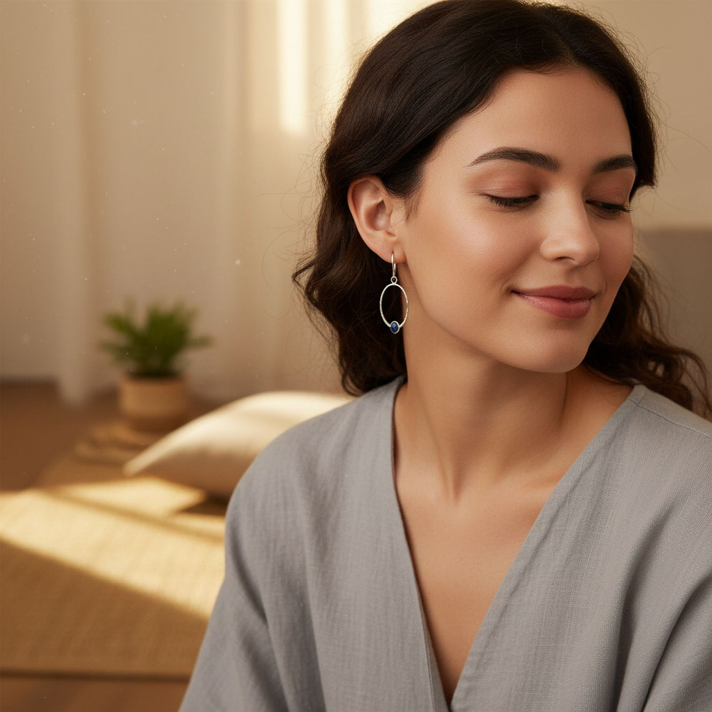 Geometric Boho Dangle Gemstone Earrings with Blue Lapis Lazuli Sterling Silver