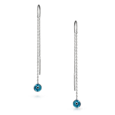 Blue Evil Eye Murano Glass Chain Threader Earrings Sterling Silver