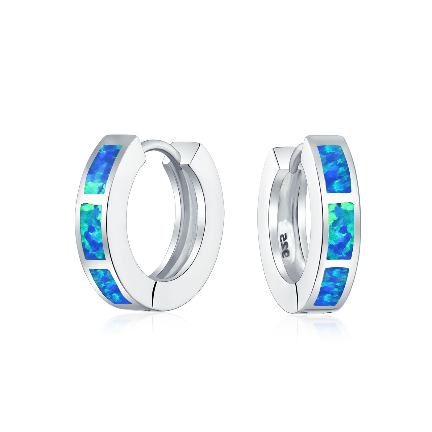Set of 2 White & Blue Created Opal Gemstone Huggie Hoop Earrings Sterling Silver