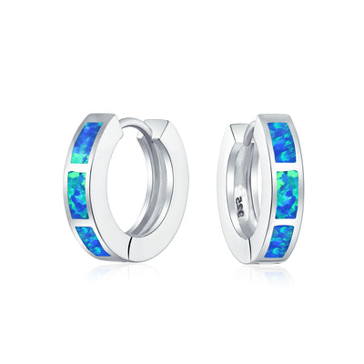 Set of 2 White & Blue Created Opal Gemstone Huggie Hoop Earrings Sterling Silver