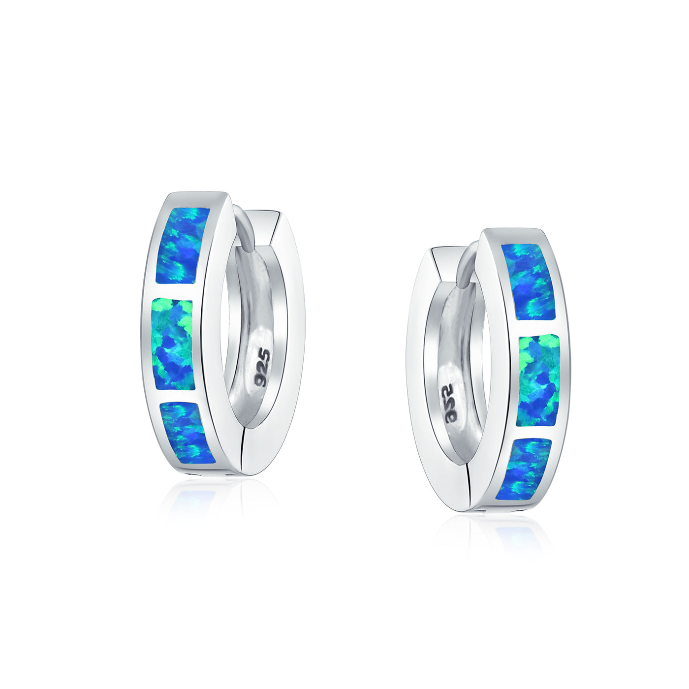 Set of 2 White & Blue Created Opal Gemstone Huggie Hoop Earrings Sterling Silver