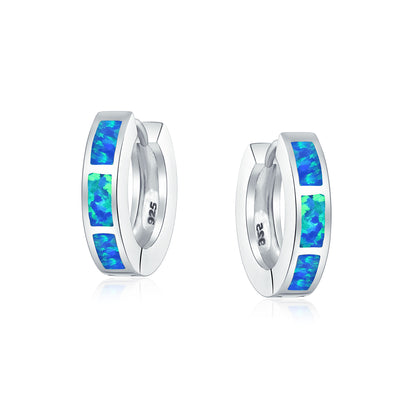 Set of 2 White & Blue Created Opal Gemstone Huggie Hoop Earrings Sterling Silver