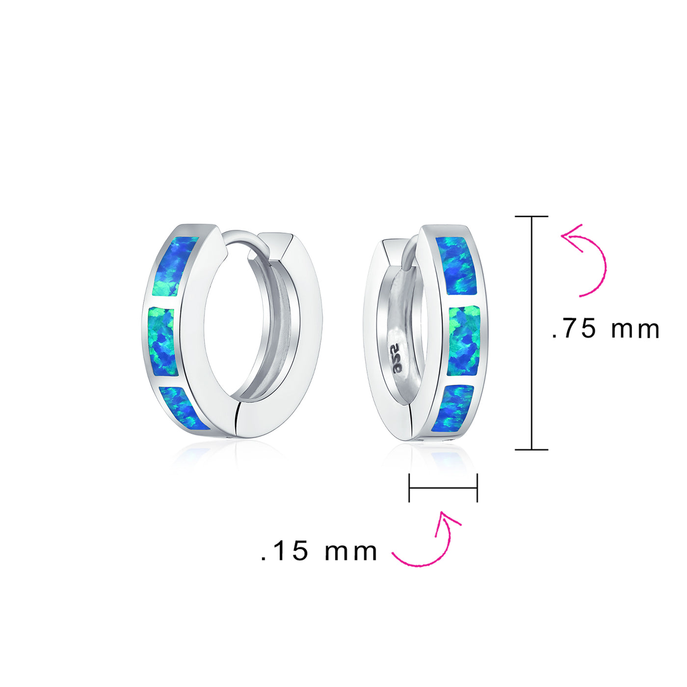 Set of 2 White & Blue Created Opal Gemstone Huggie Hoop Earrings Sterling Silver