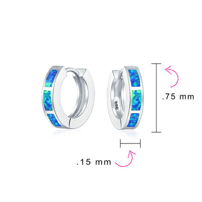 Set of 2 White & Blue Created Opal Gemstone Huggie Hoop Earrings Sterling Silver